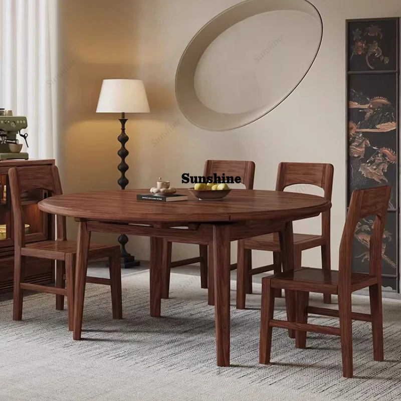 

TS Solid wood folding dining table and chairs, household small apartment telescopic modern simple round dining table