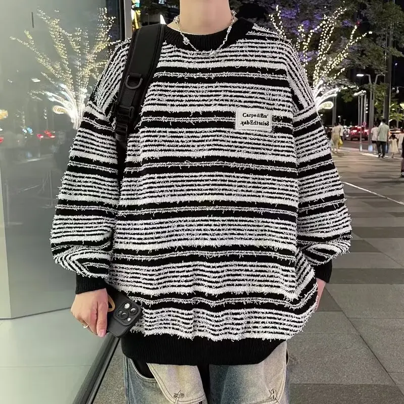 

Мужской свободный вязаный свитер в полоску большого размера (до 250 фунтов), осенне-зимний, повседневный, с длинным рукавом, воротником-бомбером