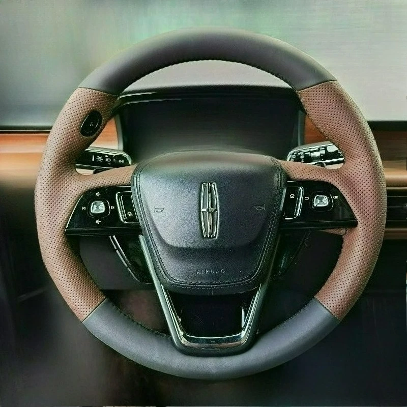 

Чехол на руль автомобиля из черной и коричневой кожи ручной работы, износостойкий, противоскользящий, для Lincoln Aviator 2020-2023