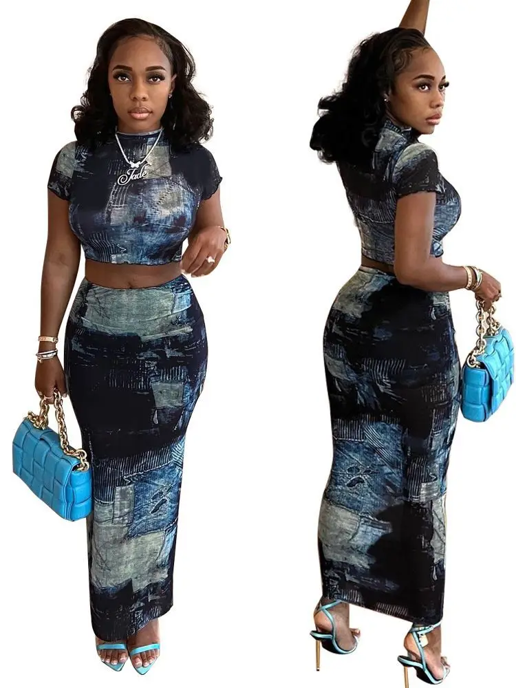 

FNOCE Women's New Product Autumn Fashion Sexy Elastic Digital Printing 2 Piece Set Short Sleeve T-shirt Half Skirt Casual Street