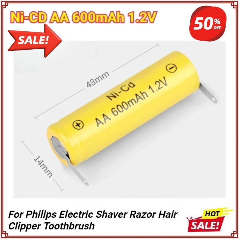 

1.2V Ni-CD 600mAh AA 2A Rechargeable Battery for Philips Electric Shaver Razor Hair Clipper Toothbrush with Solder Tabs