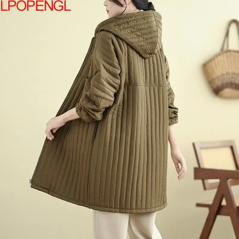 Women\'s 2024 Autumn And Winter New Thickened Hooded Mid-length Warm Long Sleeves Cotton Trench Temperament Versatile Loose Coat