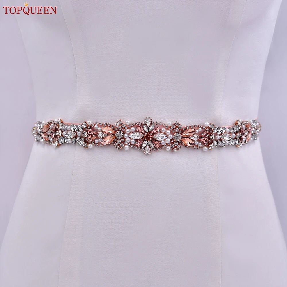 TOPQUEEN-cinturón para vestido de novia, apliques de diamantes de imitación de oro rosa, vestido Formal de dama de honor, faja decorativa para mujer, S442-RG