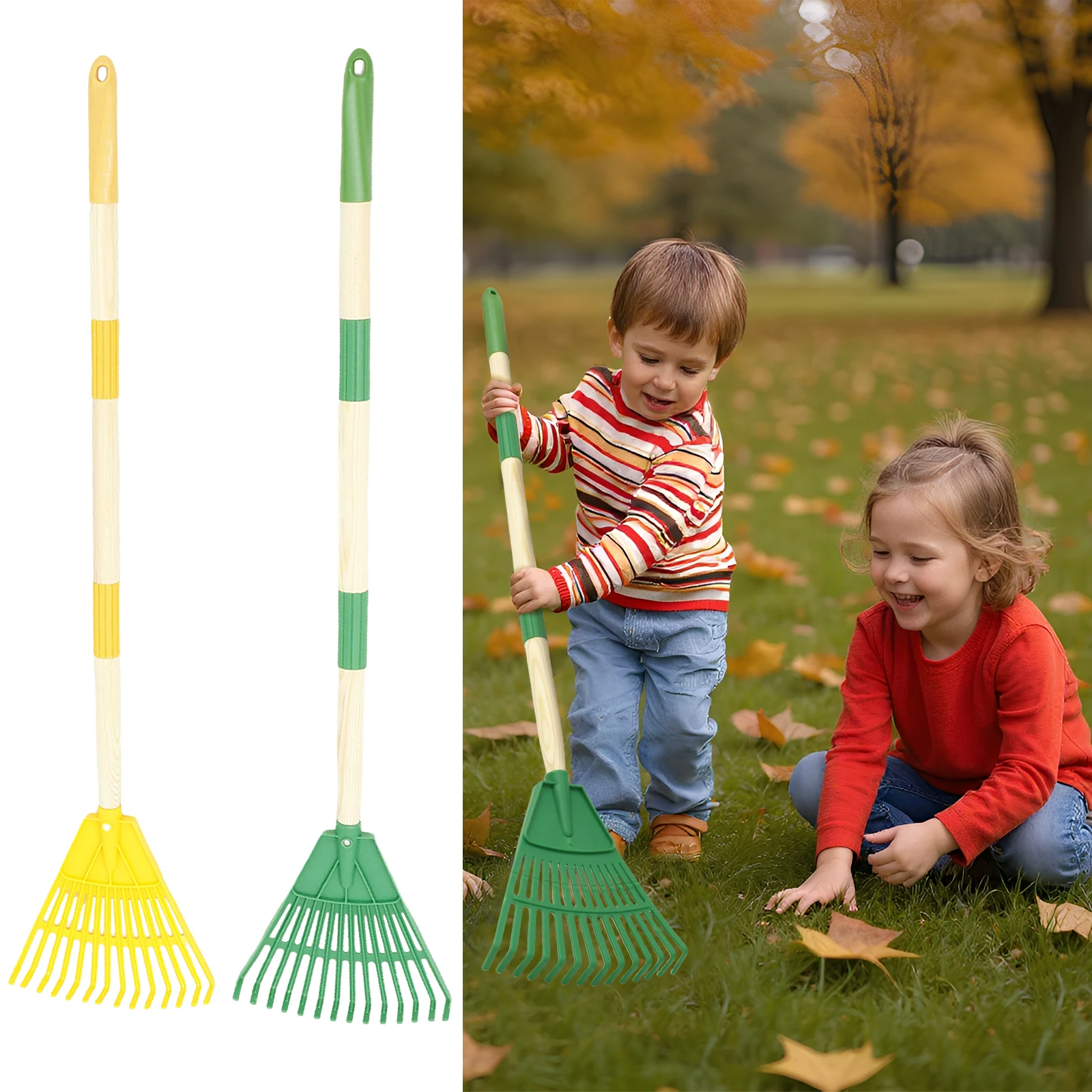 2Pcs Kids Leaf Rake Adjustable Garden Leaves Rakes with 3 Section Removable Handle Gardening Tool Plastic Wood Child Garden Rake
