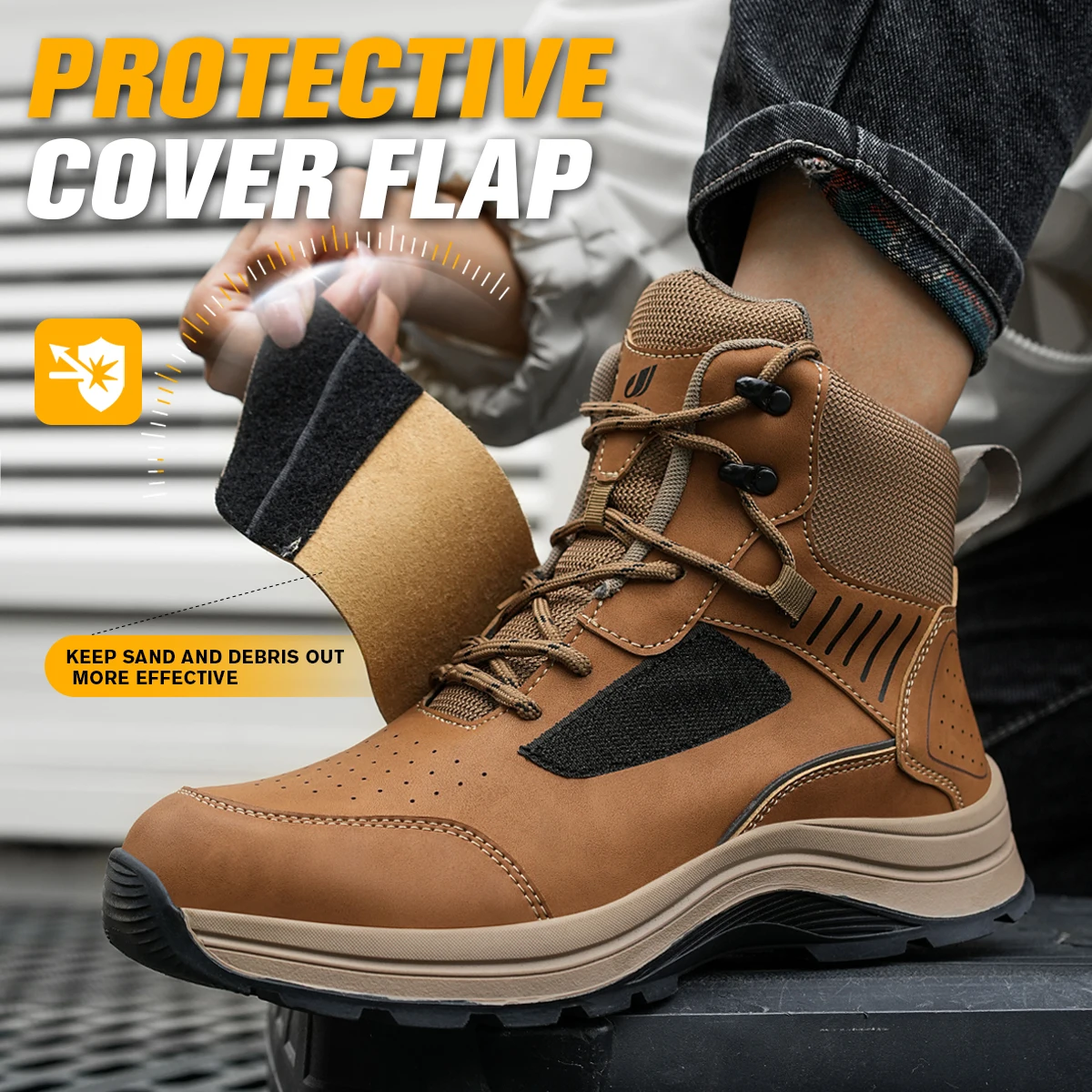 High Top Work Shoes With Protective Cover Flap Indestructible Men Work Safety Shoes Steel Toe Anti-smash Anti Piercing Work Boot