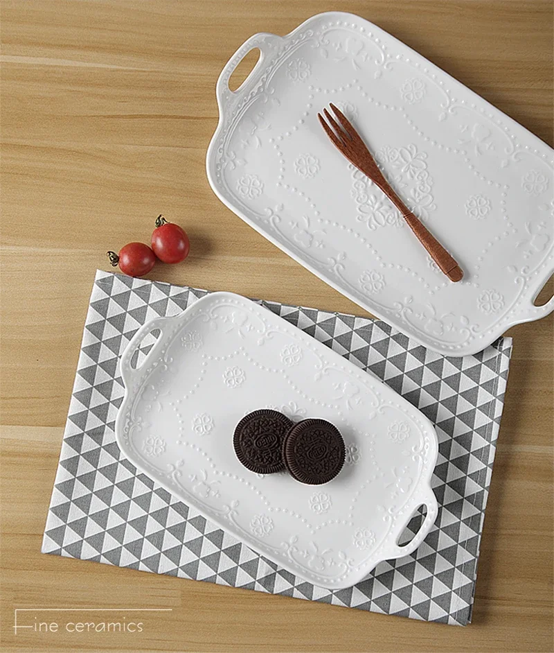 2pcs Set 10+12inch White Embossed Porcelain Square Tray Handle Ceramic Buffet Vintage Tray Chafing Dish Display