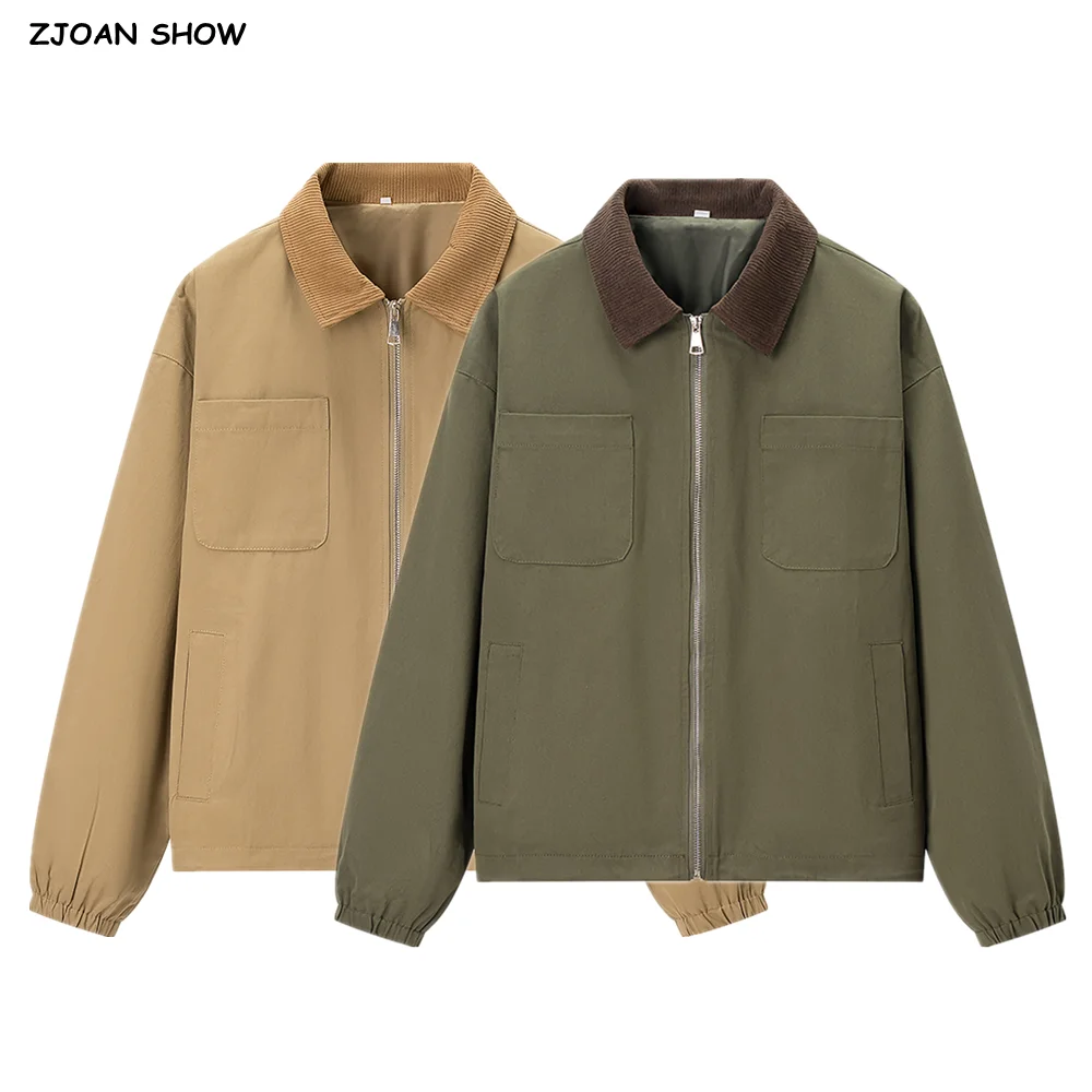

2025 Autumn Women Armygreen Spliced Corduroy Lapel Safari Coat Front Open Zipper Jacket Contrast Color Loose Outerwear Khaki