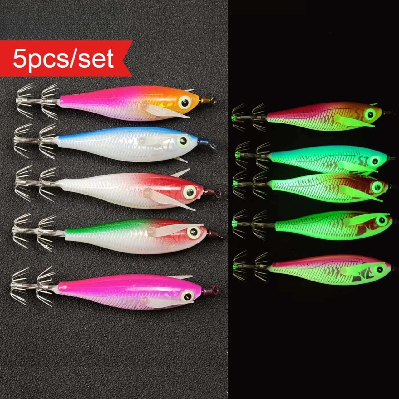 

Набор из 5 светящихся горизонтальных приманок-кальмаров EGI, 8 см, для морской рыбалки, искусственная приманка-креветка для осьминогов, каракатиц, снасти для соленой воды