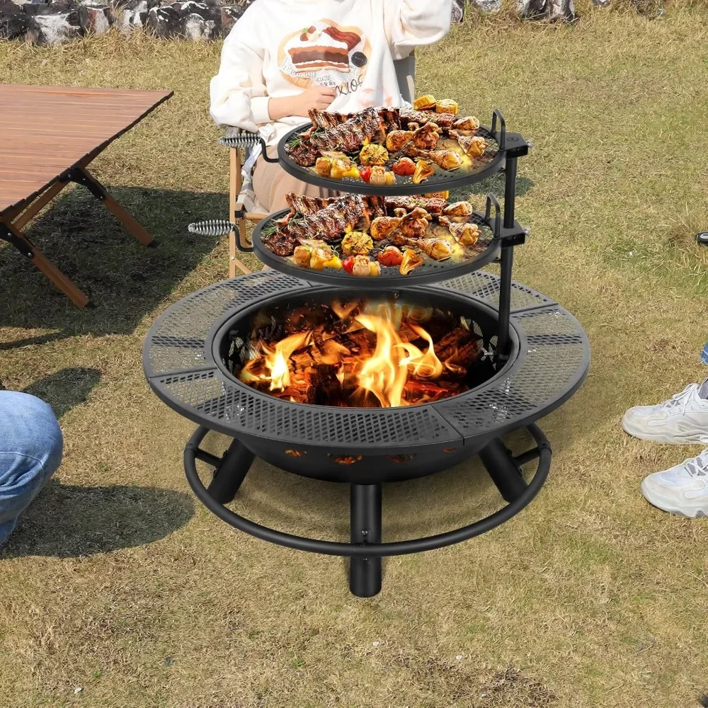 35 Inch Fire Pit with Cooking Grate & Charcoal Pan, Outdoor Wood Burning BBQ Grill Firepit Bowl with Cover Lid, Steel Round