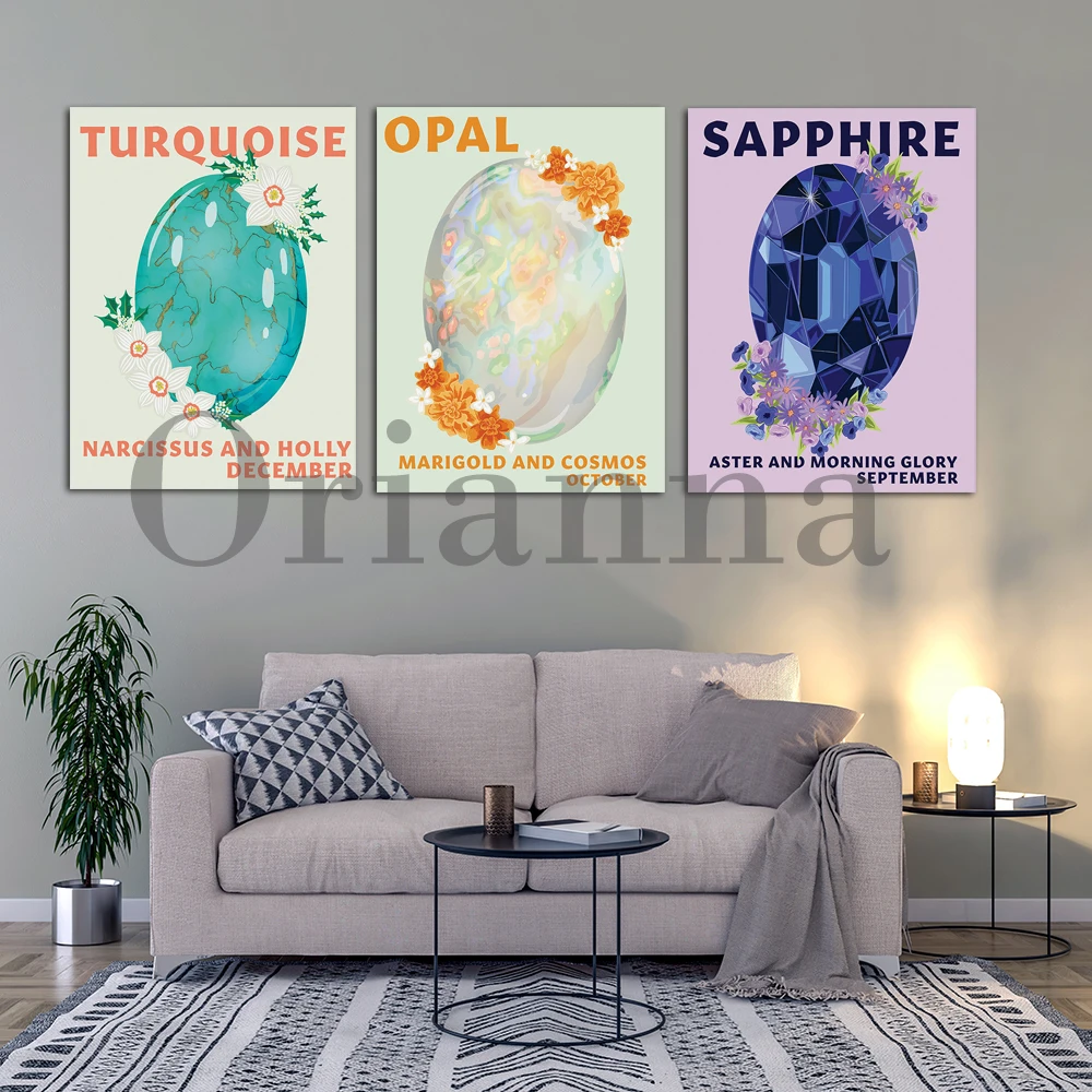 Ruby July Peridot August Sapphire September Opal October Topaz November Turquoise December Birthstone Birth Flower Prints Poster