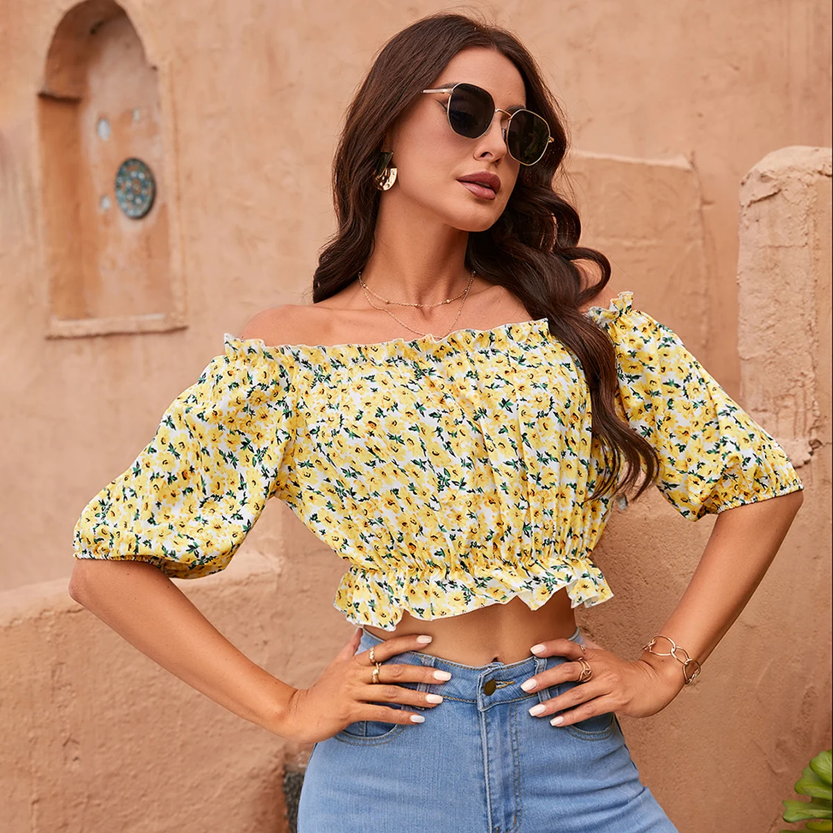 Fashion Floral Lantern Sleeve Casual Shirt For Women Summer Vacation Elastic Off Shoulder Crop Tops Beach Style