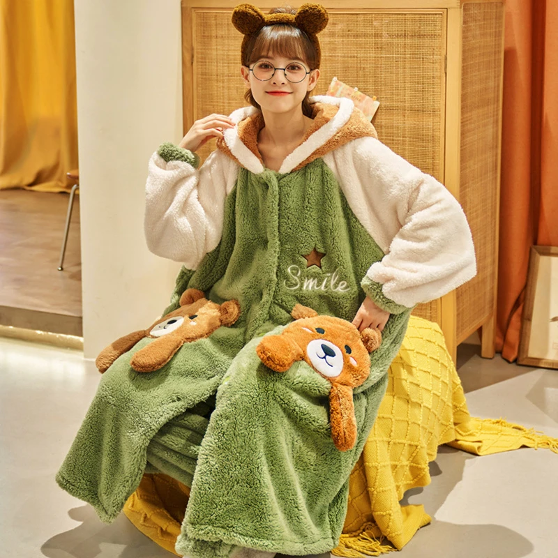 Winter Thicken Women Night-robe Pajamas Hooded Soft Warm Nightgown Sleepwear Kawaii Bear Pijama Mujer Plush Female Loungewear