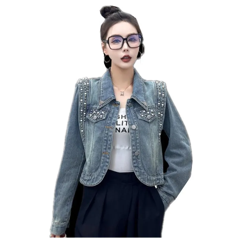 

Fashion beading denim jacket women short 2024 Spring and Autumn New Long sleeve Slim jeans jacket female outerwear trend T362