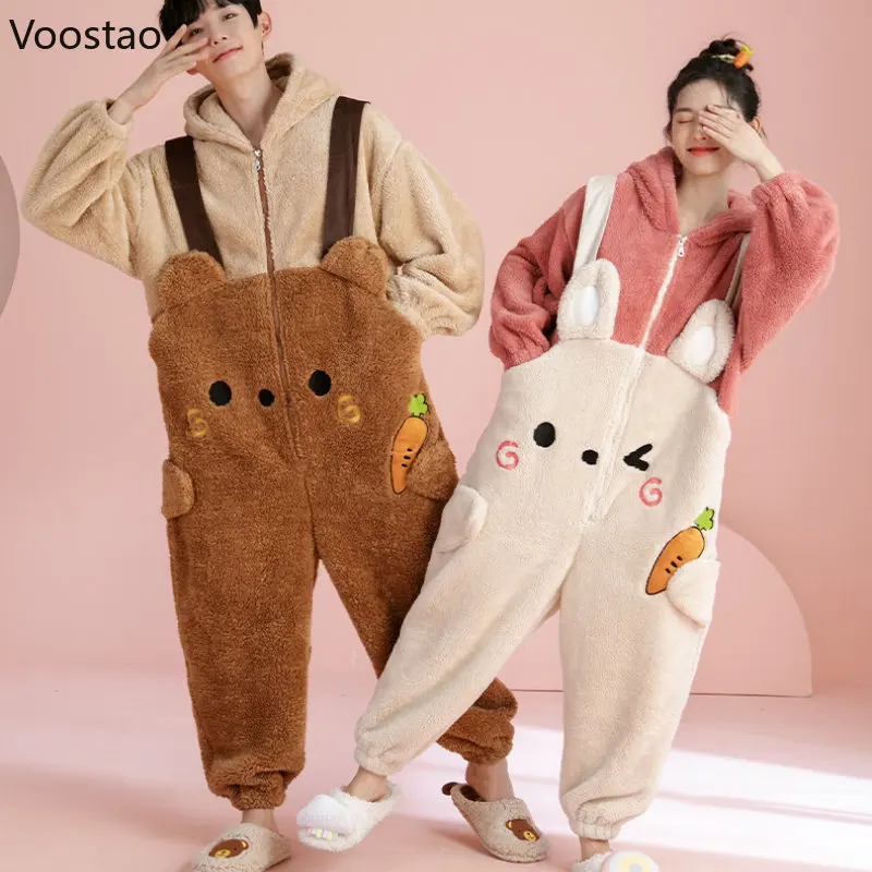 Doce orelhas de coelho com capuz onesies feminino outono inverno quente casal pijamas homens kawaii urso pijamas macacão bonito homewear