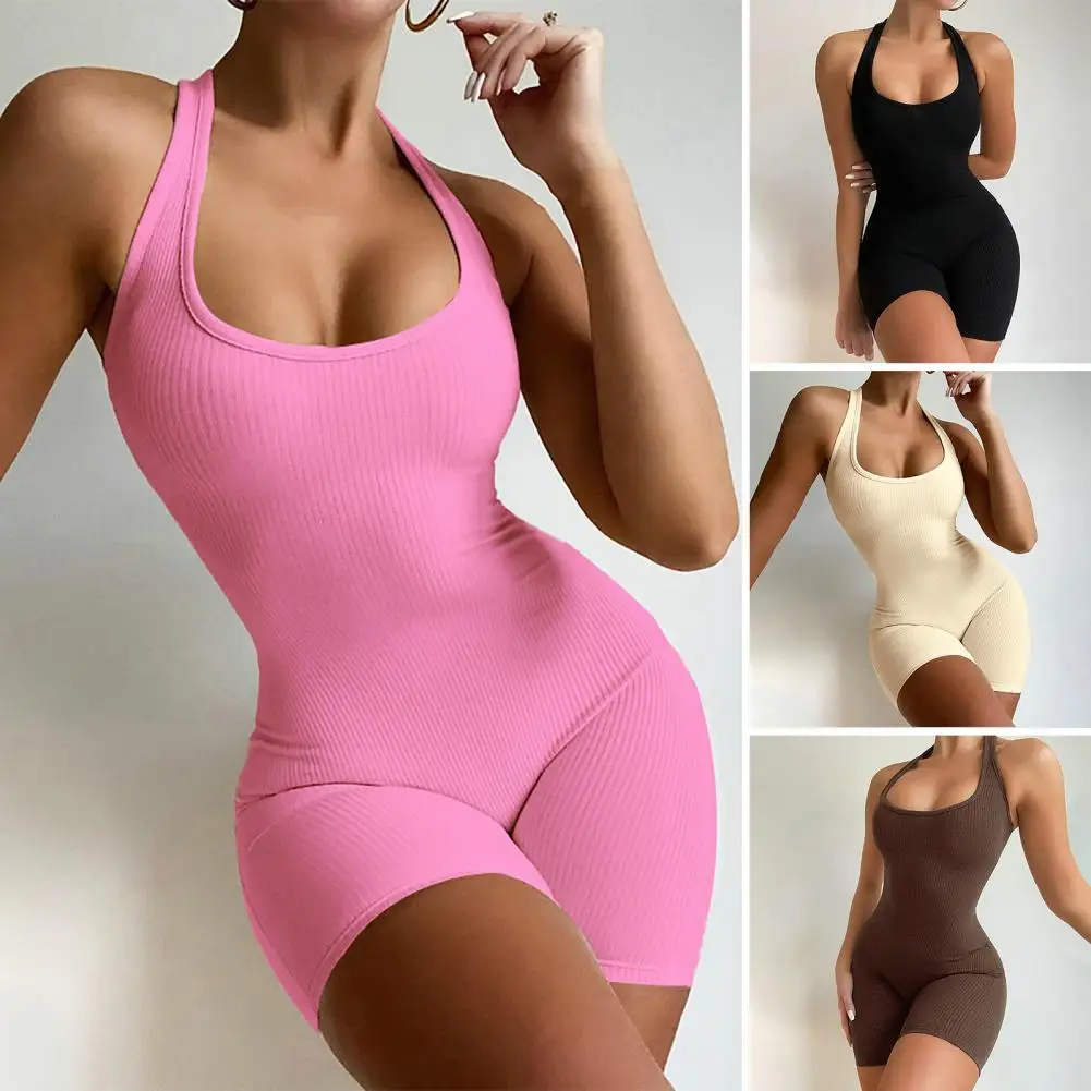 

Women's Overalls U-Neck Sleeveless Racer Back Ribbed Yoga Jumpsuit Solid Color High Elastic Bodycon Jumpsuit Activity Streetwear