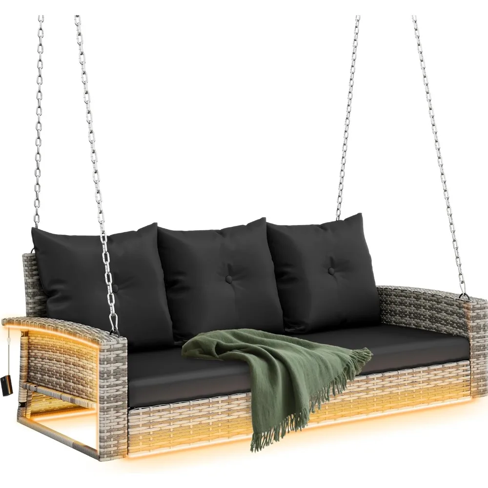 

3 Seats Patio Porch Swing, Outdoor Wicker Hanging Bench Rattan Chair Seat with LED Lights & Soft Cushions for Outside, Garden,