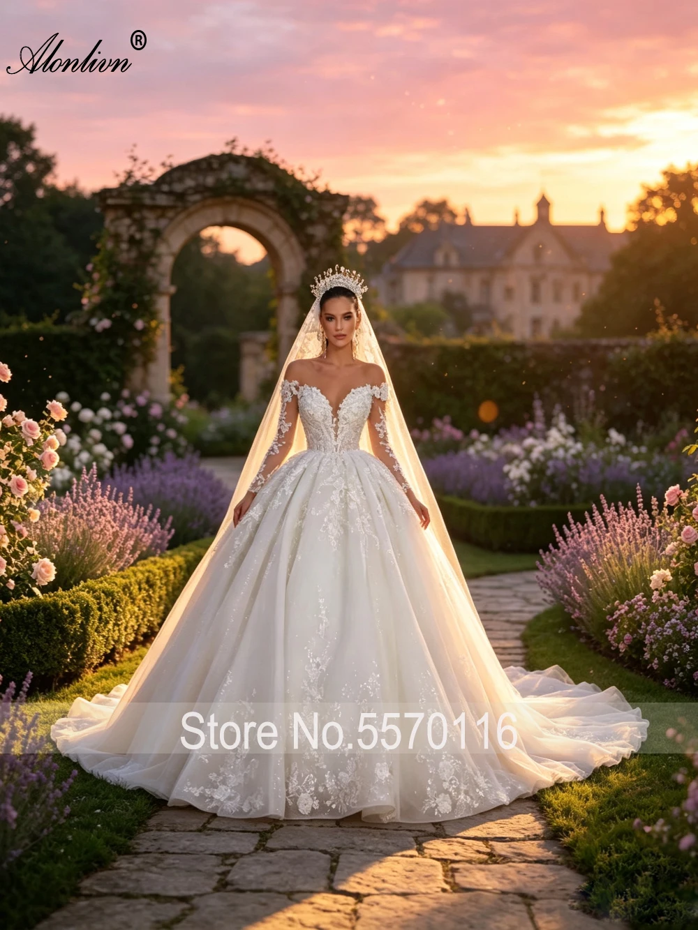 Alonlivn Custom Made Full Sleeves Ball Gown Wedding Dresses Beading Sequined Pearls Appliques Illusion Sweetheart Bridal Gowns