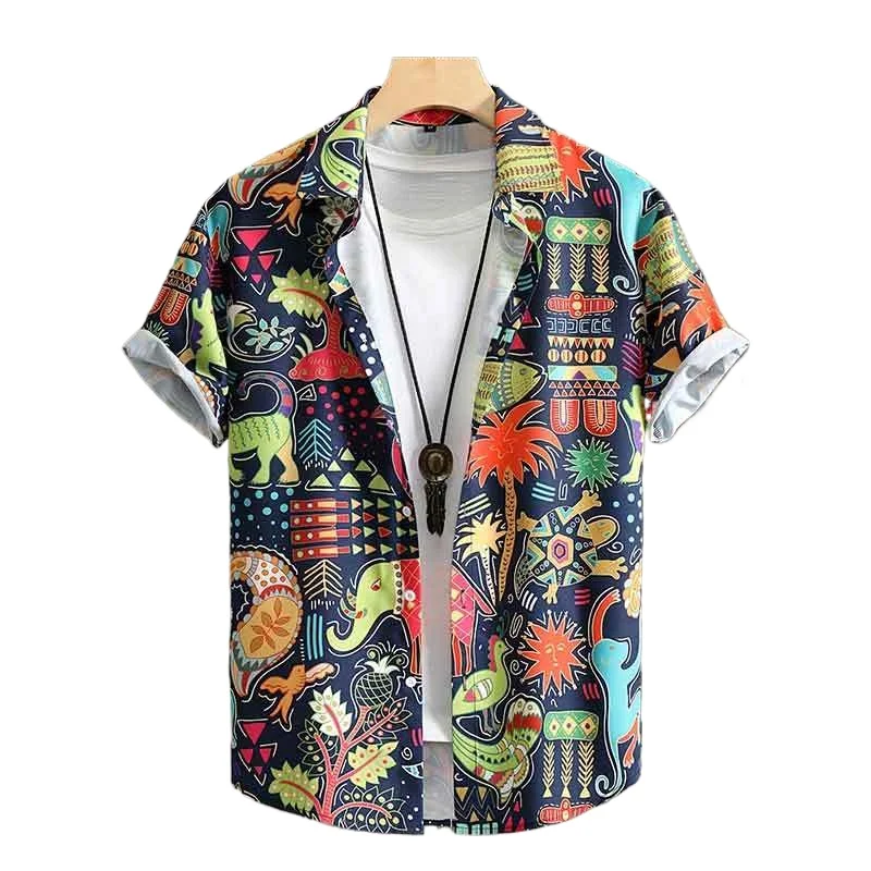 

Jungle Tribal Pattern Hawaiian Shirt, Men's Casual Allover Print Button Up Short Sleeve Shirt For Summer Vacation Resort