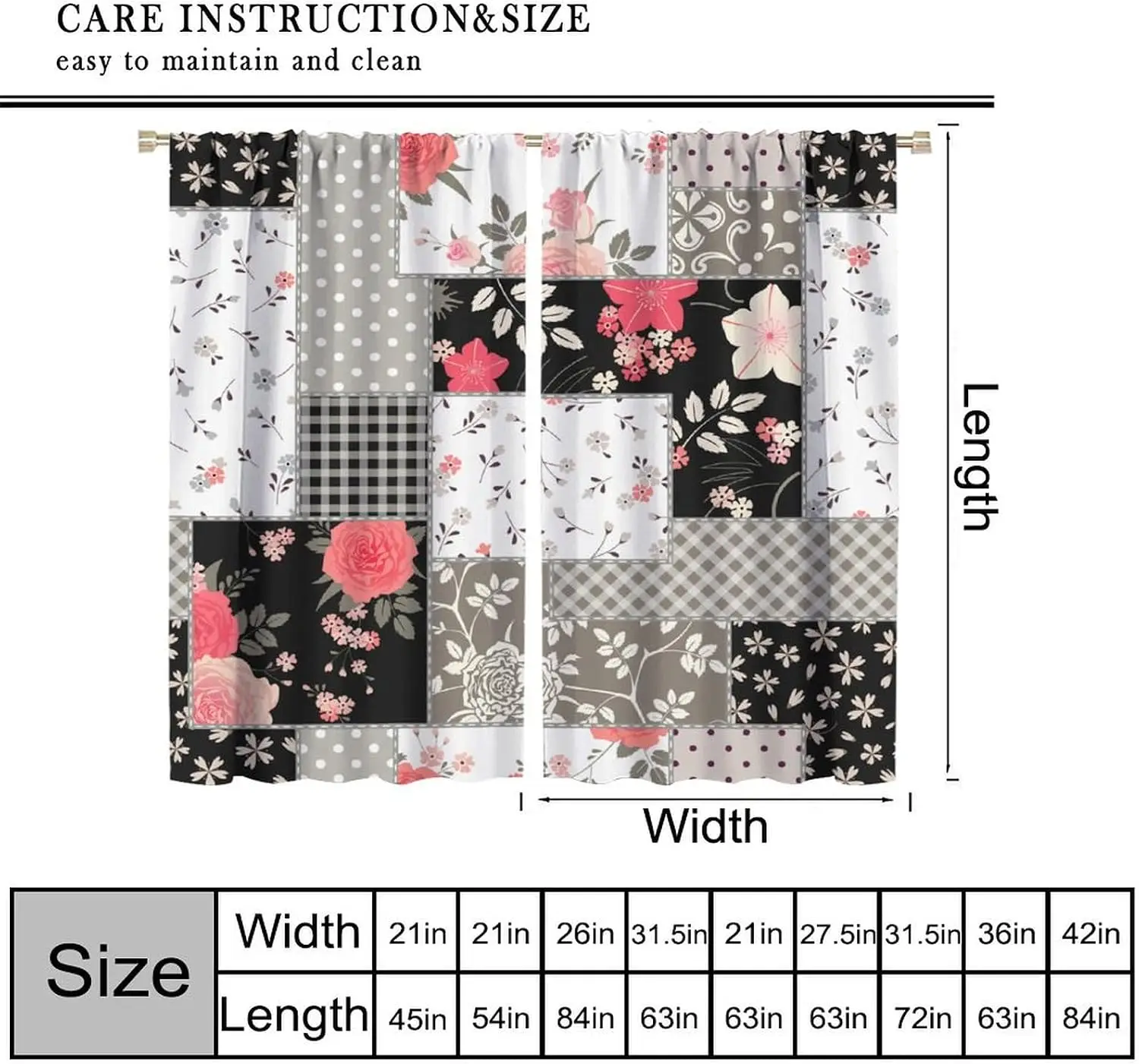 Grid Splicing Pink Rose Wild Flower Print Blackout Rod Pocket Curtain Plaid Dot Contrast Soft Decor Teen Homestay Bedroom Rest