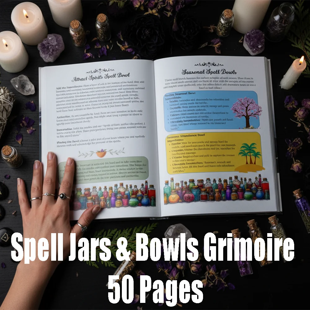 50 Pages Grimoire Witchcraft Spell Book Wicca Magic Guidebook with Spell Jars Ritual Bowls Crystal Witch Spells