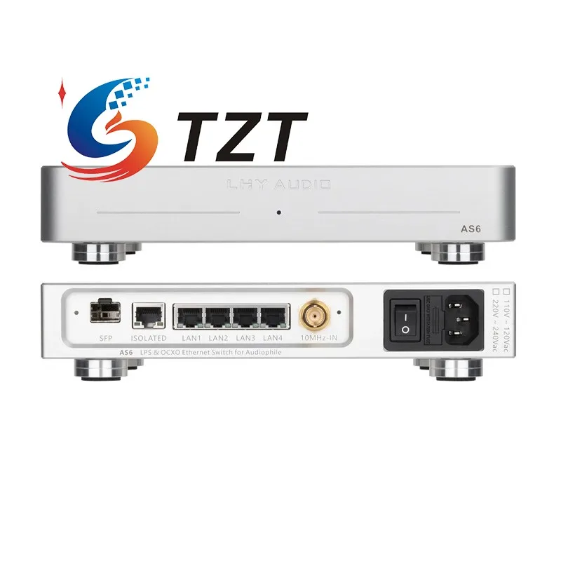 TZT LHY AUDIO AS6 1000Mbps 6-Port Hifi Switch LPS & OCXO Ethernet Switch (Black/Silver 230V/115V) for Audiophile