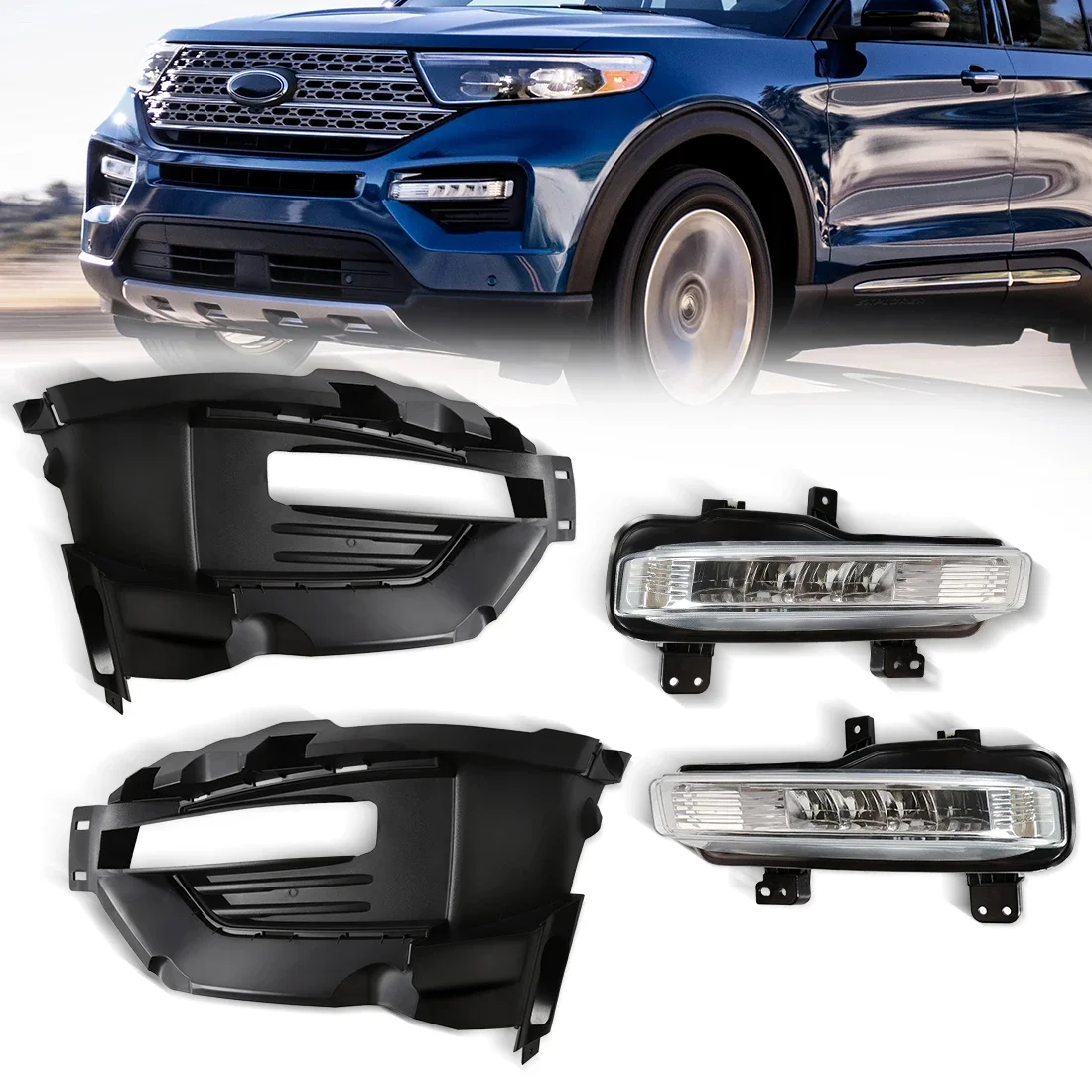 For 2020-2021 Ford Explorer LED DRL Fog Lights Lamp Trim Cover Assembly Kit