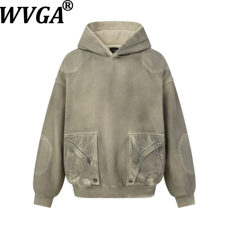 WVGA Spring Autumn New Men's Washed Distressed Patchwork Trendy Pocket Hoodie Sweatshirt Niche Casual American Style Coat W27166