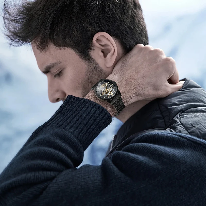 FORSINING Skeleton Automatic Mechanical Men Wrist Watches Diamond Cut Crystal Luxury Solid Stainless Steel Band Deployment Clasp