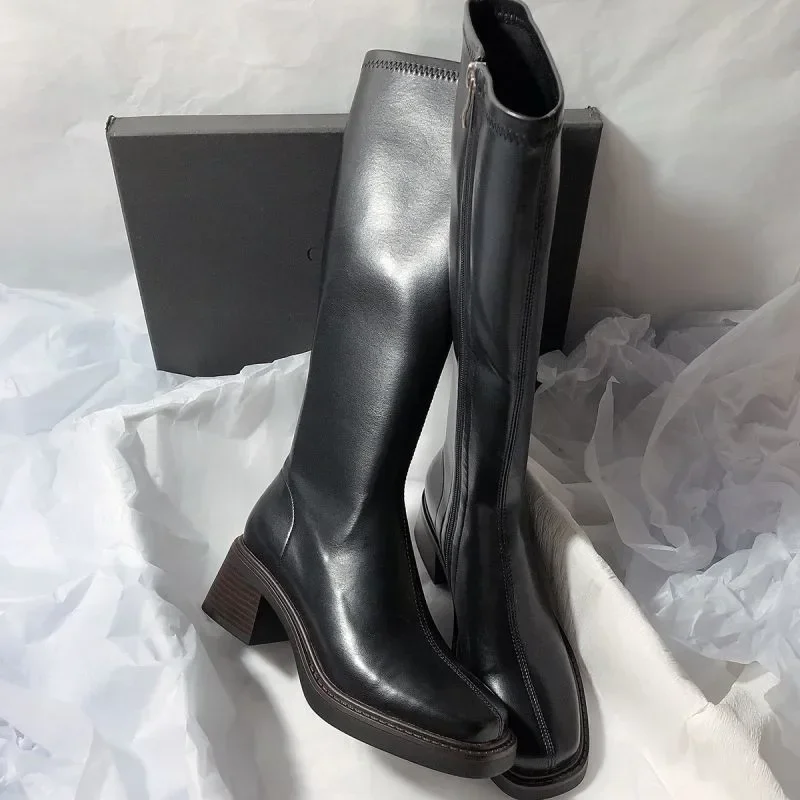 

2024 New Fashion Women Autumn Thick Heel Square Head Solid Leather Elastic Knee Skinny Boots Women Thigh-high Elastic Boots