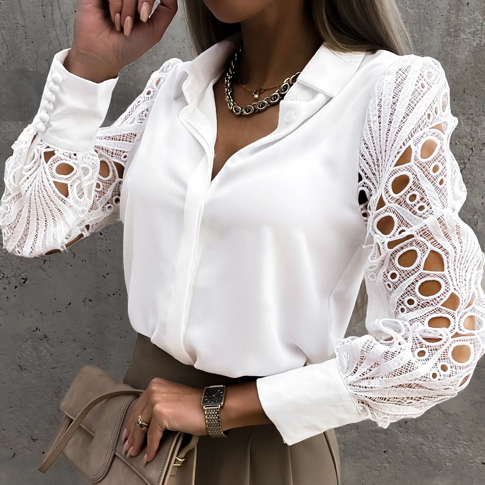 

Women's Long-Sleeved V-Neck Blouse Solid Color Hollow Lace Design Blouse Tops for Shopping Walking Outfit