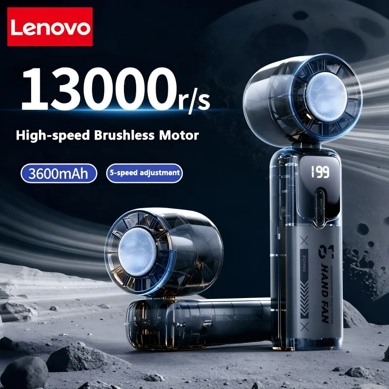 Ventilador 3 em 1 Lenovo com 199 velocidades, bateria de lítio recarregável de 3600mAh, carregamento USB, mini ventilador portátil para viagens e atividades ao ar livre.