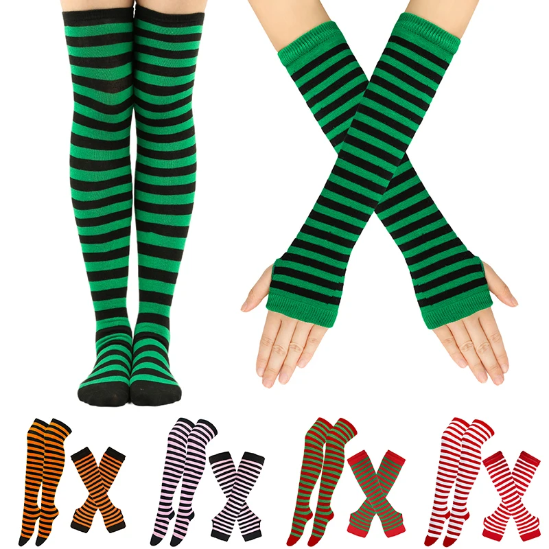 Chaussettes en coton imprimées à rayures longues pour femmes et filles, chaussettes au-dessus du genou, gants à manches de bras, doux, mignon,