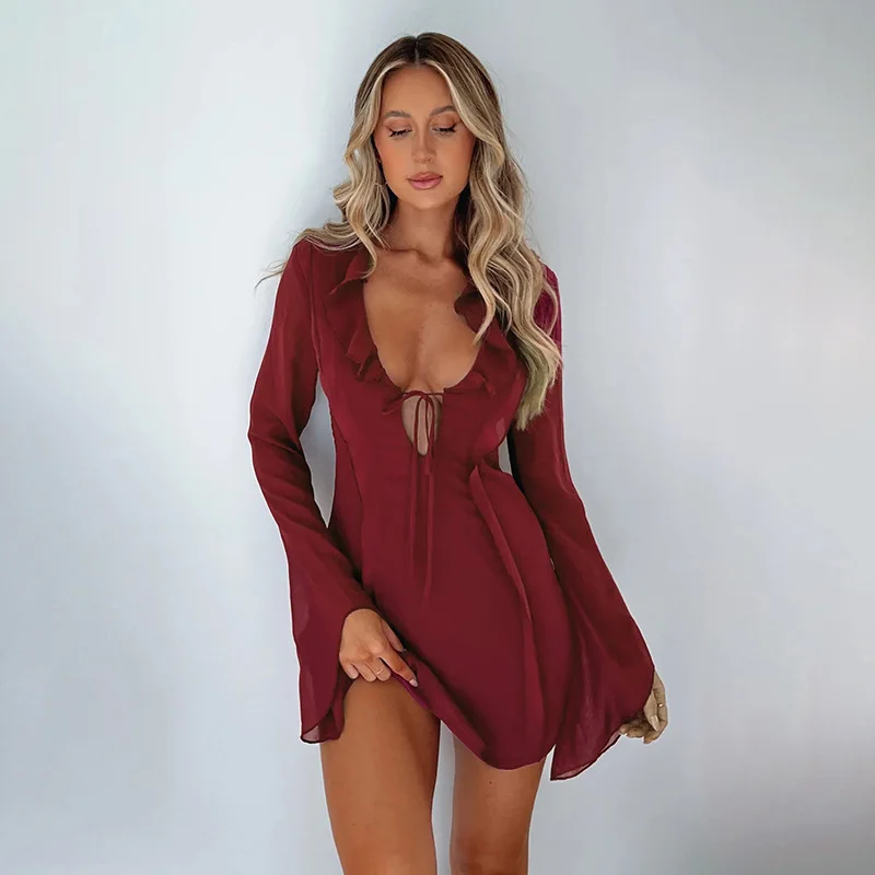 

Solid Color Slim Mini Dresses Women Sexy Deep V-neck Ruffles Leace-up Hollow Out A-line Dress Fashion Chic Party Club Vestidos