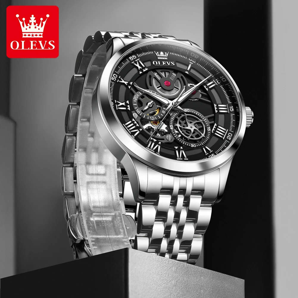 OLEVS 7076 Mens Watch Automatic Mechanical Watch Multifunctional Chronograph Watch For Men 30m Waterproof Luminouse Box Original