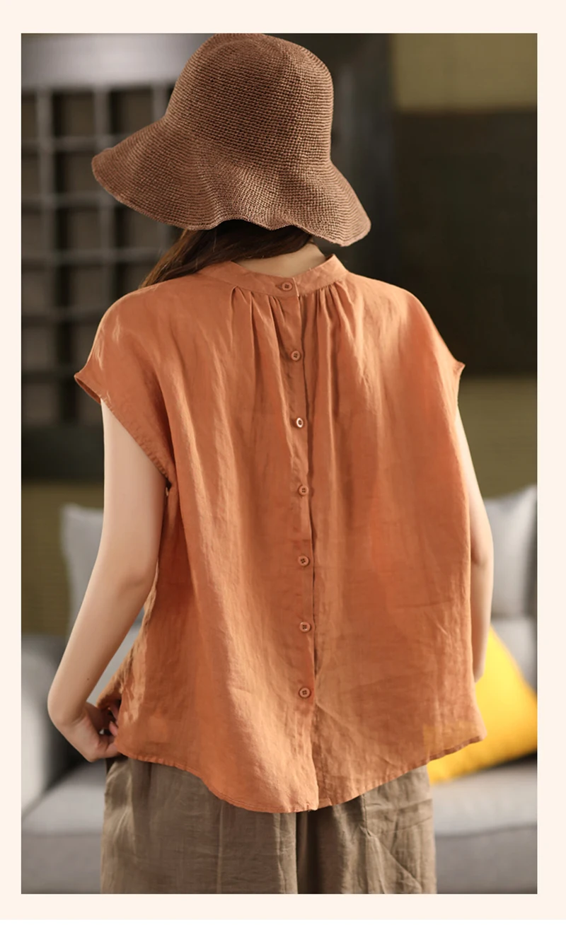 Natural Pure Linen Women's Shirt, Pink One-shoulder Sleeve, Back Cardigan, Comfortable, Cool, Loose, Large Size 3XL, Summer