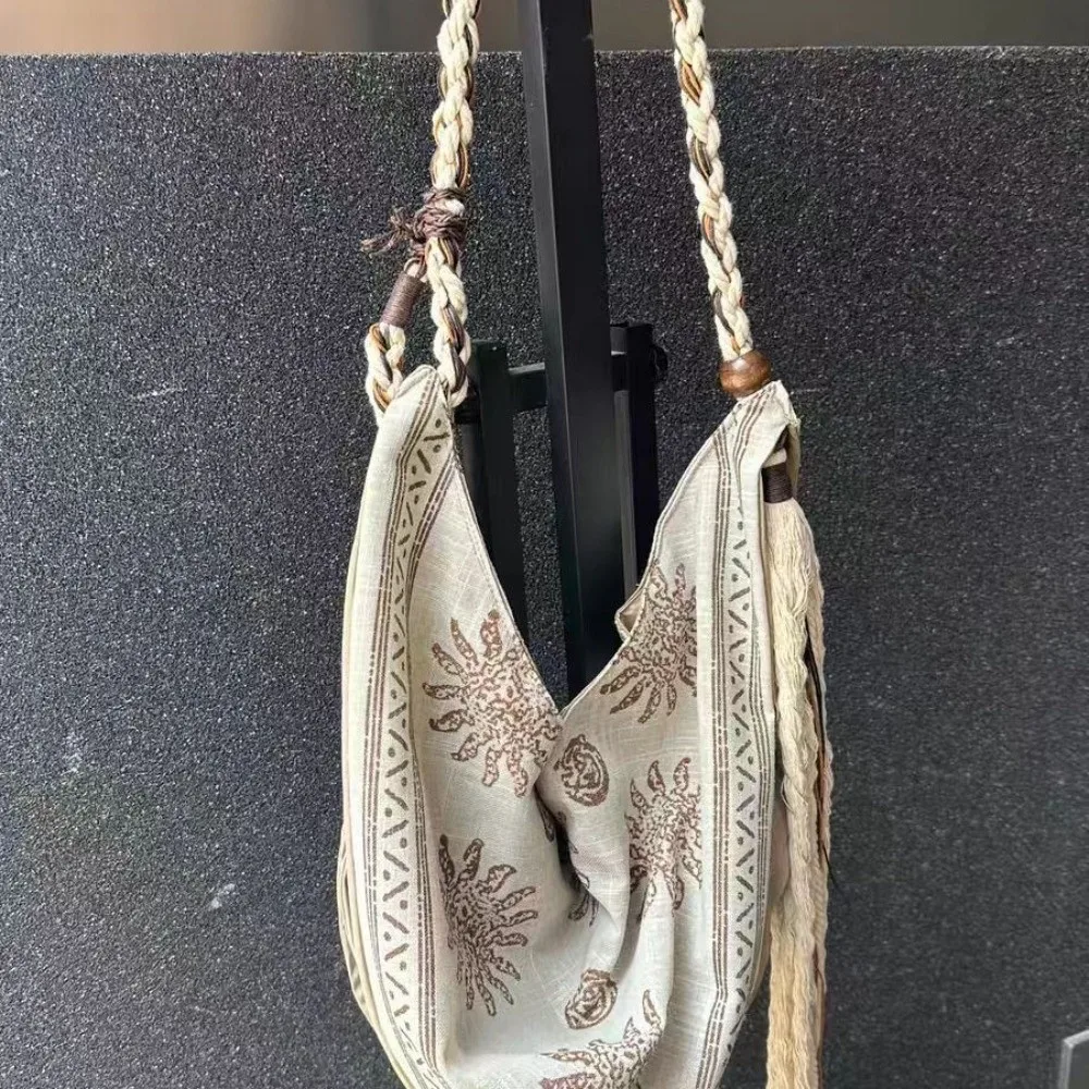 Simple Bohemian Triangle Shoulder Bag Ethnic Style Linen Print Women Crossbody Bag Rope Tassel Detail Retro Handbag daily