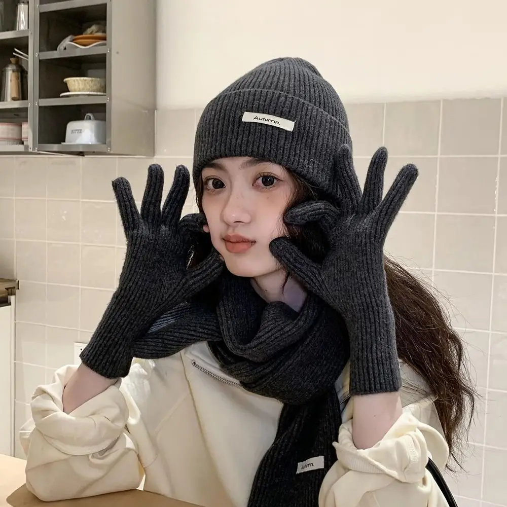 Fleece Lined Solid Color Hat Scarf Gloves Set Wool Warm Thermal Knit Cap Touch Screen Soft Winter Beanie Hat Skiing