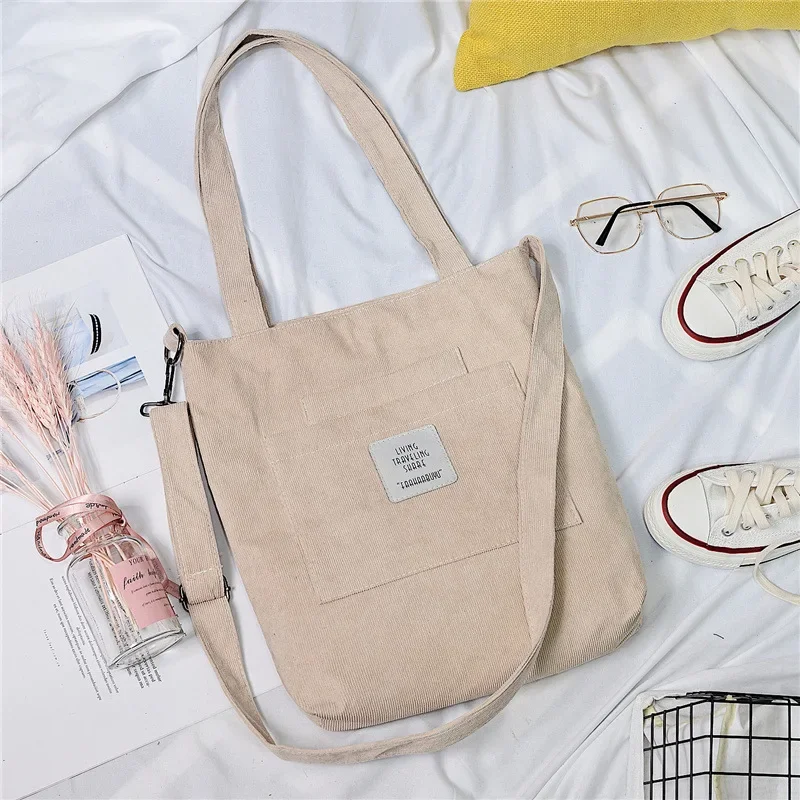 Women Canvas Shoulder Bag Ladies Casual Corduroy Tote Soft Crossbody Bags Books Bag Striped Cloth Female Handbag Shopping Bags