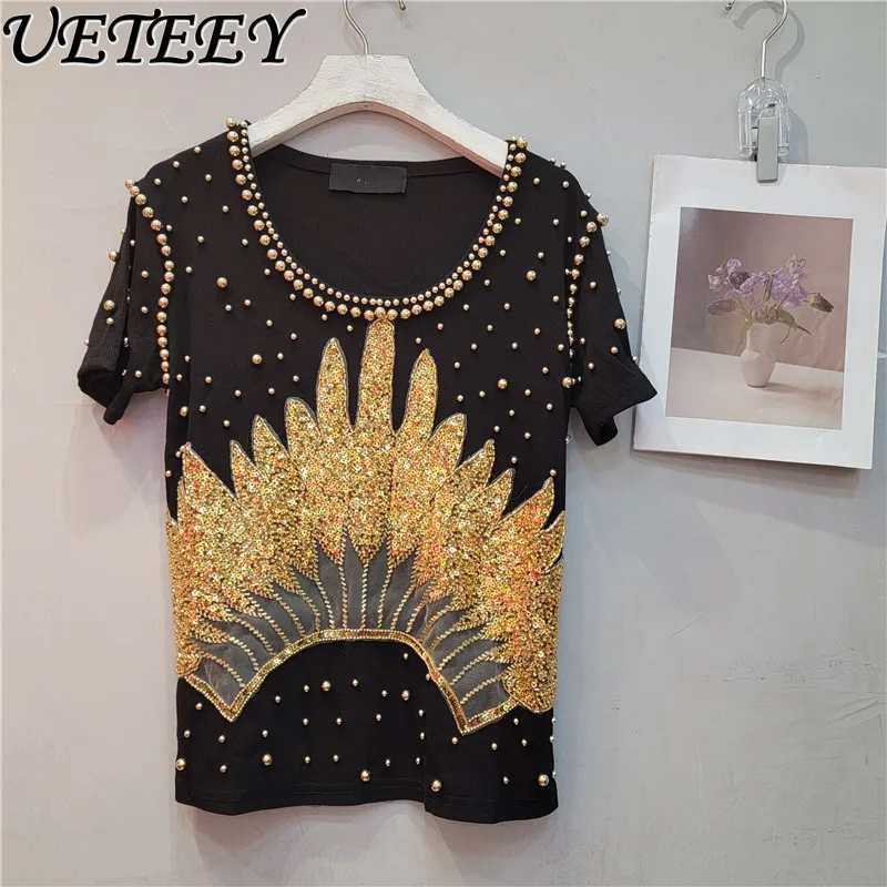 Heavy Industry Beaded Knitted T-shirt for Women 2024 Spring Summer New Slim Fit Short Half Sleeve Figure Flattering T Shirt Tops