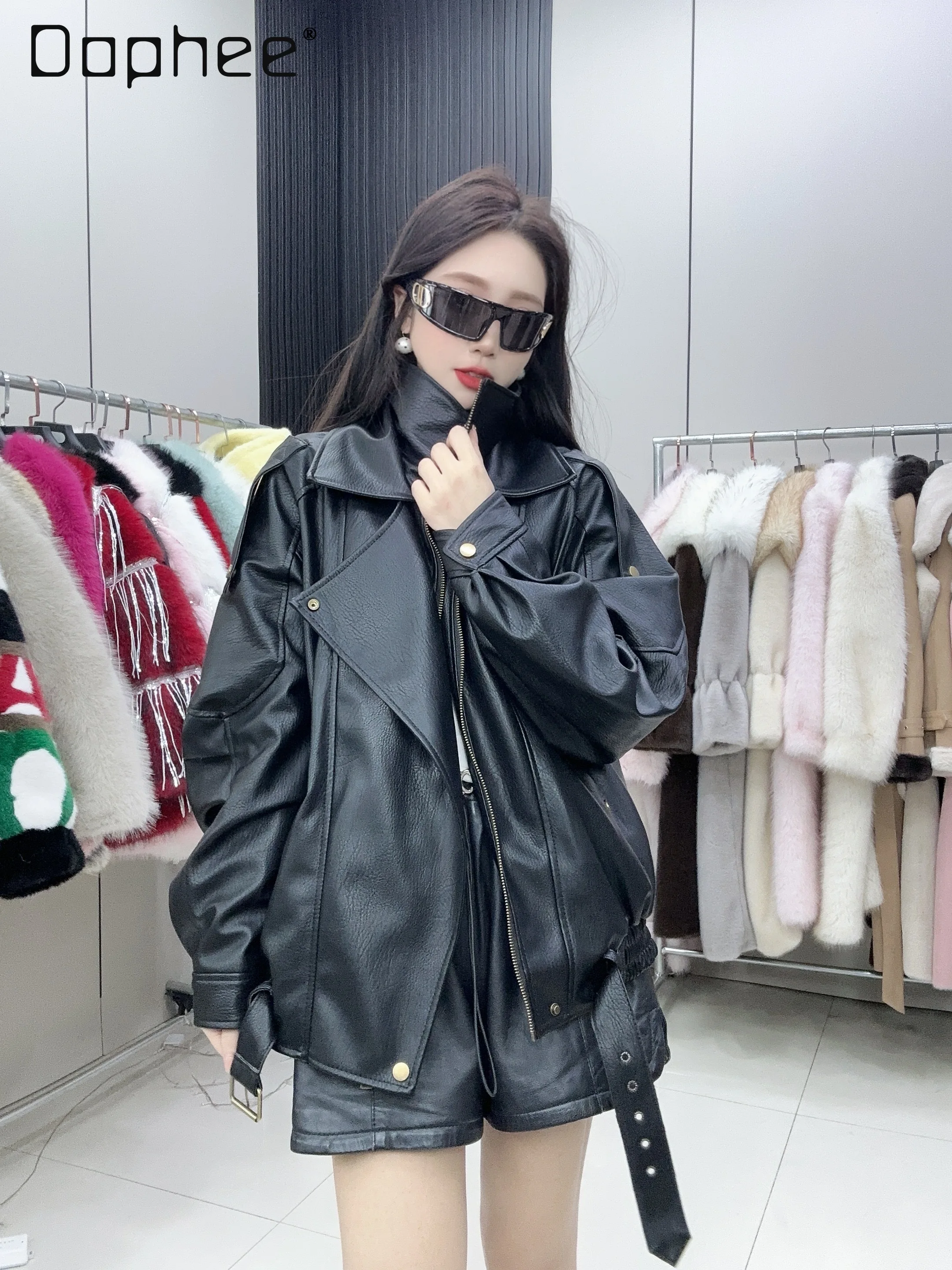 2025 Spring and Autumn Leather Jacket Womens Classic Locomotive Coats Cool Girls Casual Burgundy Leather Jacket