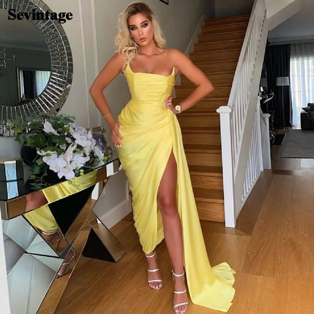 

Sevintage Mermaid Yellow Silk Satin Arabric Prom Dresses Ankle-Length Midi Women Evening Gowns Night Club Wedding Party Dress