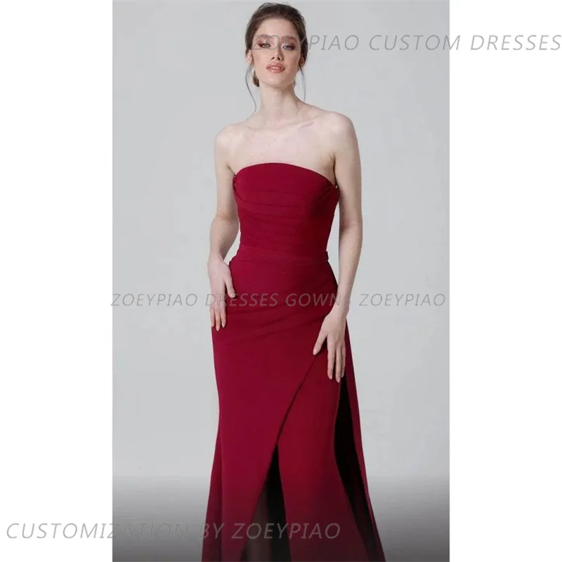 Wine Red Long Side Slit Satin Prom Dress Strapless Dubai Party Gown Long vestidos de graduación Mermaid Arabic robes quinceanera