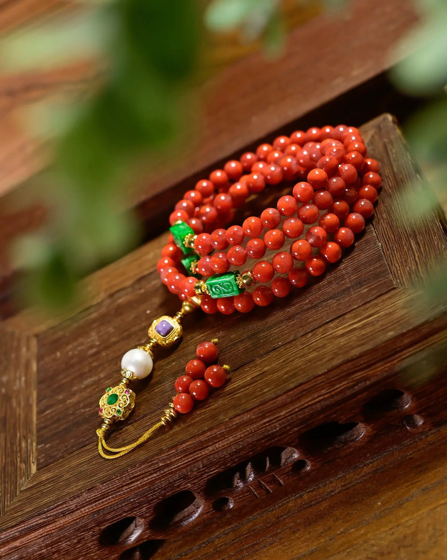 Natural Red Agate Bracelet & Necklace Set, Grade-A Dry Green Jadeite Carved Square Beads 4-Layer, 2-in-1 Versatile Jewelry Gift