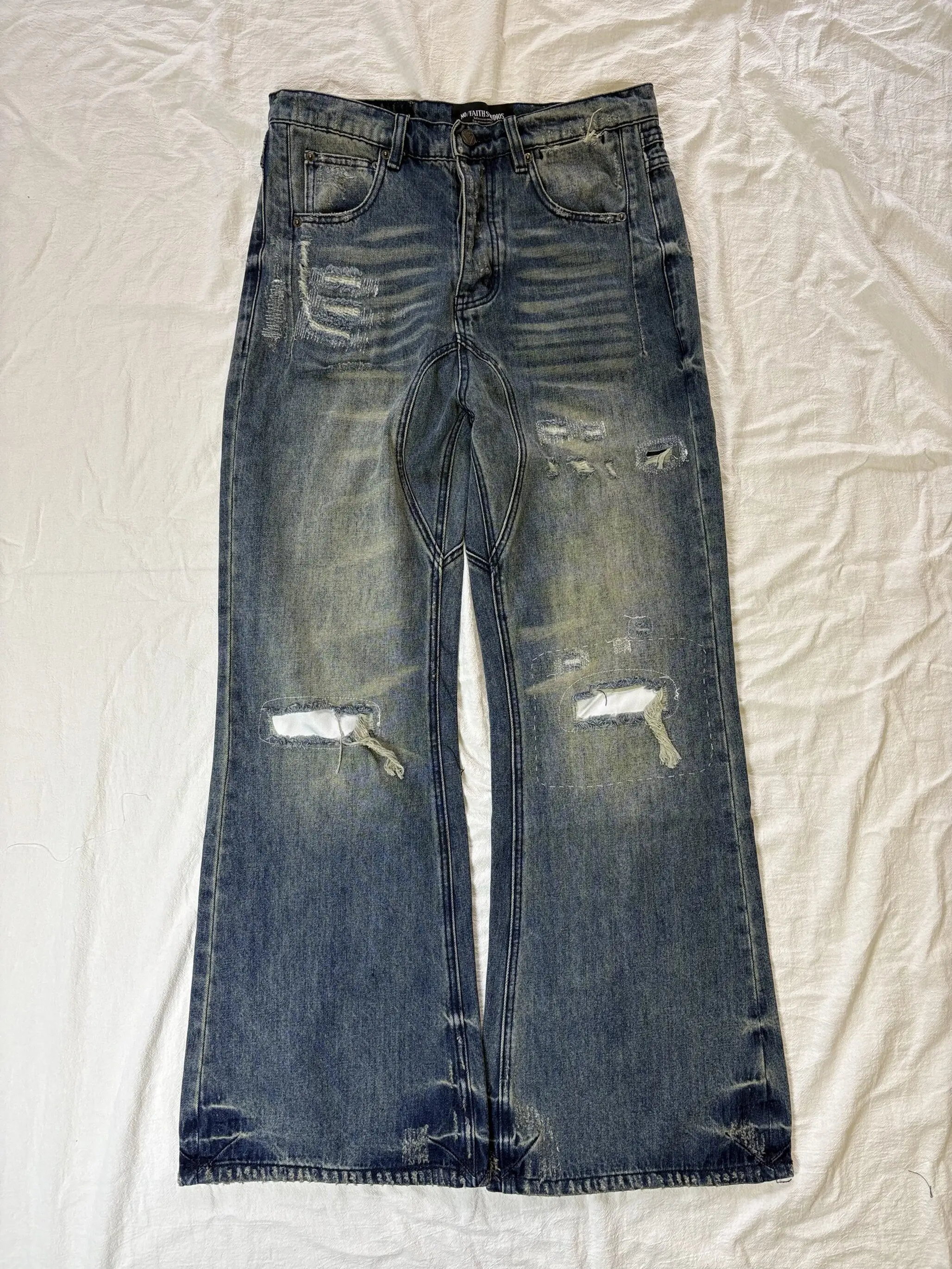 No Faith Studios ITALY Washed Blue Pussy Whiskers Ripped Cut Flared Jeans