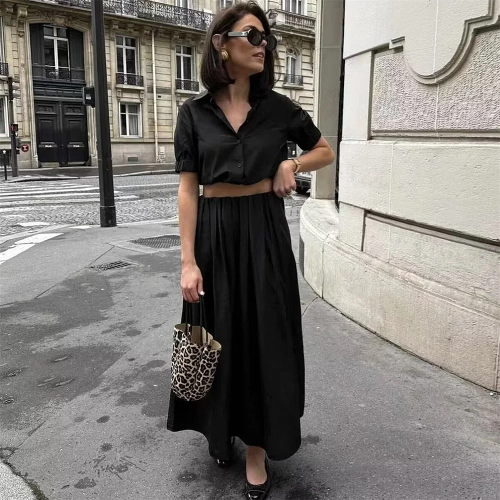 ZA2024 Autumn New Women\'s Fashion Style Casual Solid Color Simple and Versatile Collar Shirt Wide Swing Midi Skirt Set