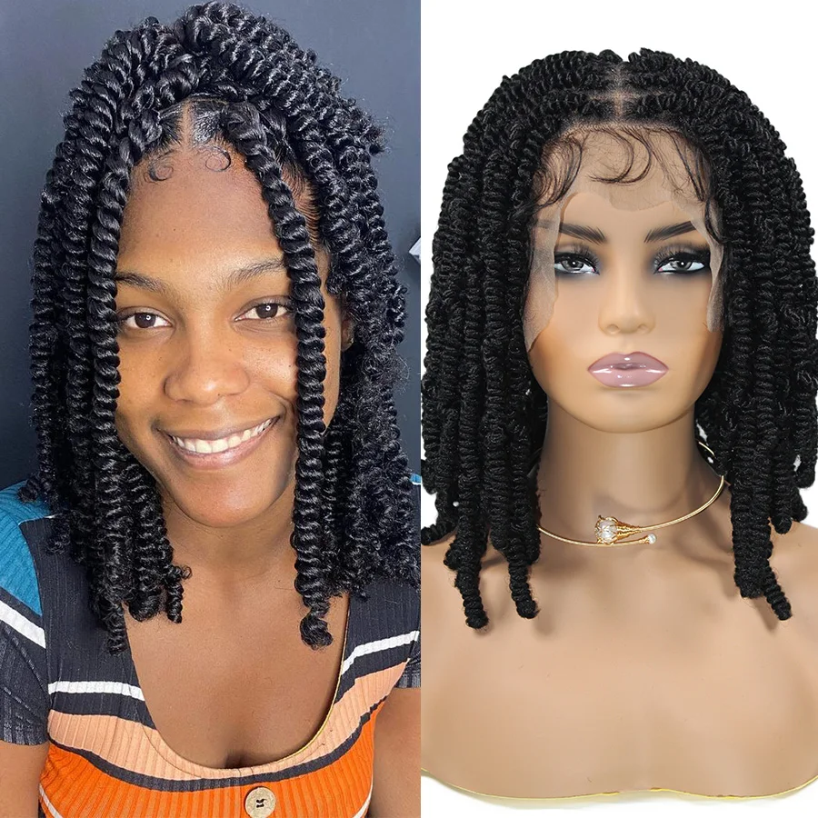 Synthetic Full Lace Short Bob Passion Twist Braided Wigs 12 Knotless Box Braided Wig Curly Ends Spring Twist Wig For Black Women