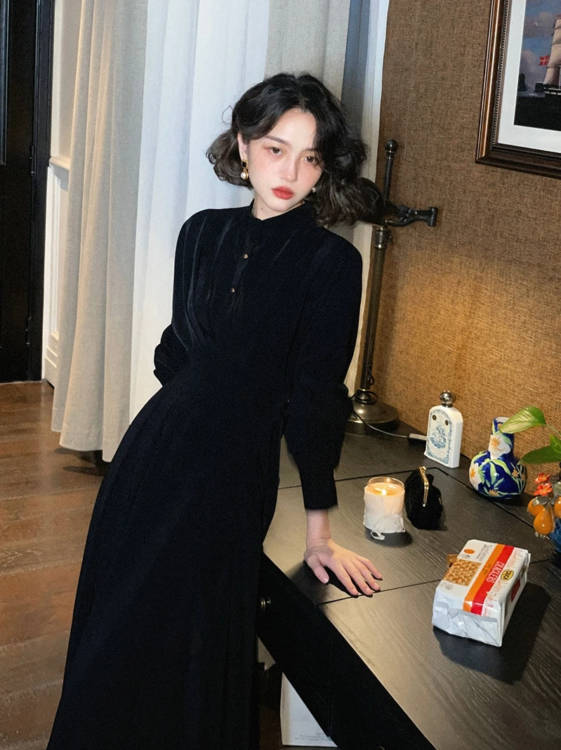 

Classic Hepburn Style Long Sleeve Midi Dress Waist-cinching Stand Collar A-line Skirt French Style Polyester Fabric for Women