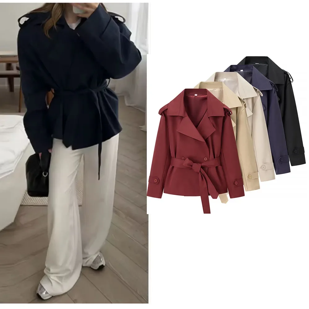 

5 Color Women's Cropped Trench Coat With Belt Lapel Long Sleeve Lace-up Windbreaker Jacket Autumn Casual Commute Daily Outwears
