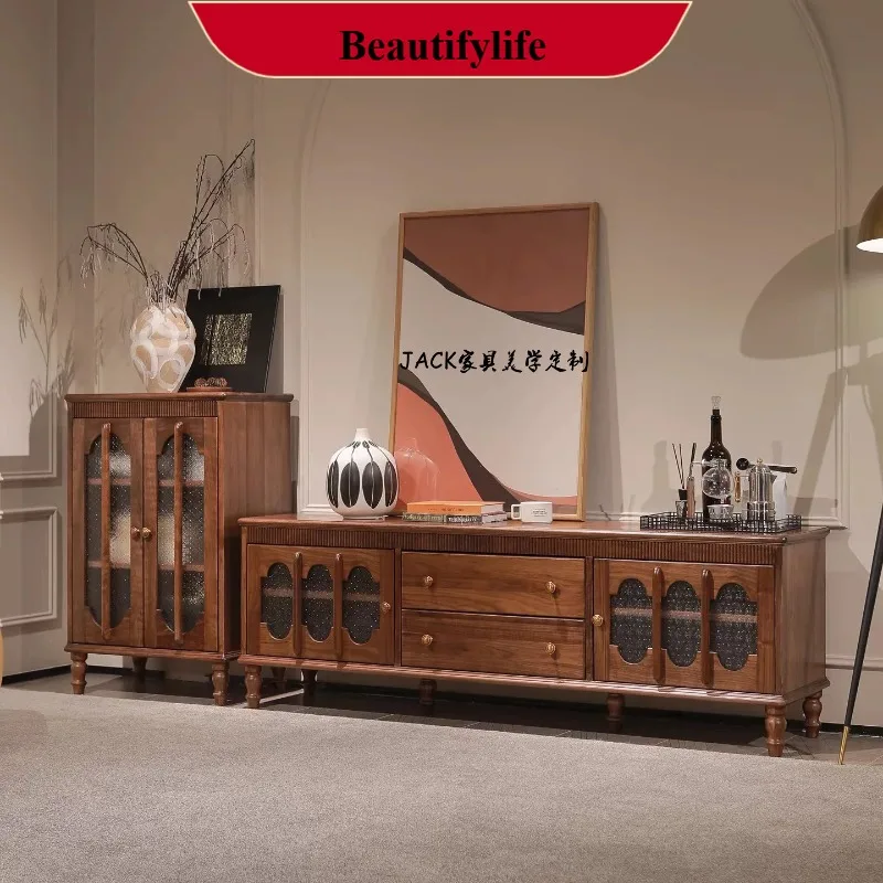 

YL Walnut solid wood dining side cabinet Begonia glass locker French light luxury decorative cabinet