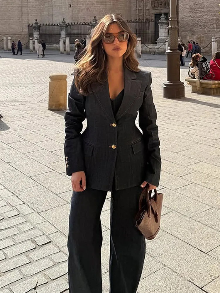 Fashion Denim Blazer Long Pants Sets For Women Elegant Single Breast Slim Jacket Trousers Suit 2025 Spring Lady Commute Coat